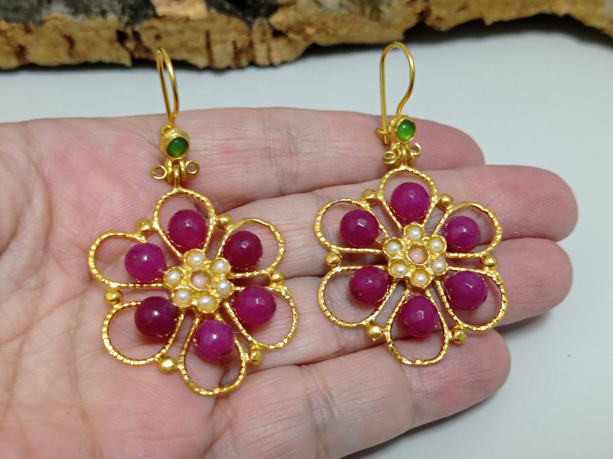 Gold Plated Turkish Flower Earrings, Pearl & Pink Agate, Boho Chic