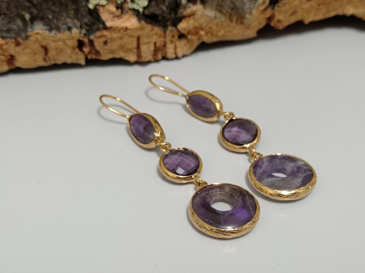 Amethyst Dangle Earrings – Gold Plated Brass, Oval Round Donut Gemstone Jewelry