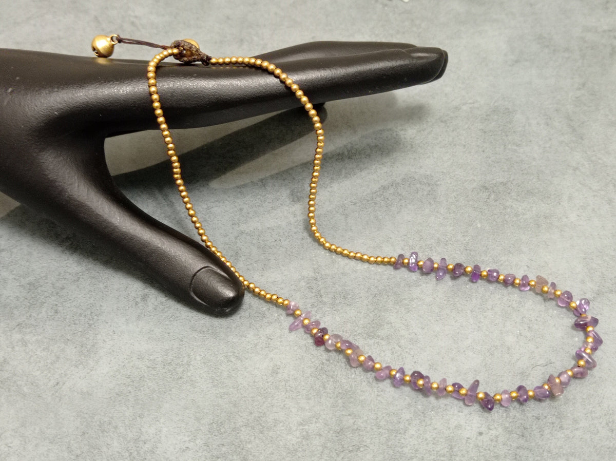 Minimalist Amethyst Brass Beaded Necklace – Adjustable Waxed Cord, Toggle Closure