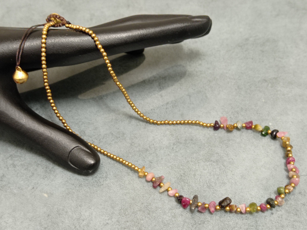 Colorful Tourmaline Chip Necklace with Adjustable Brass Beads on Waxed Cord