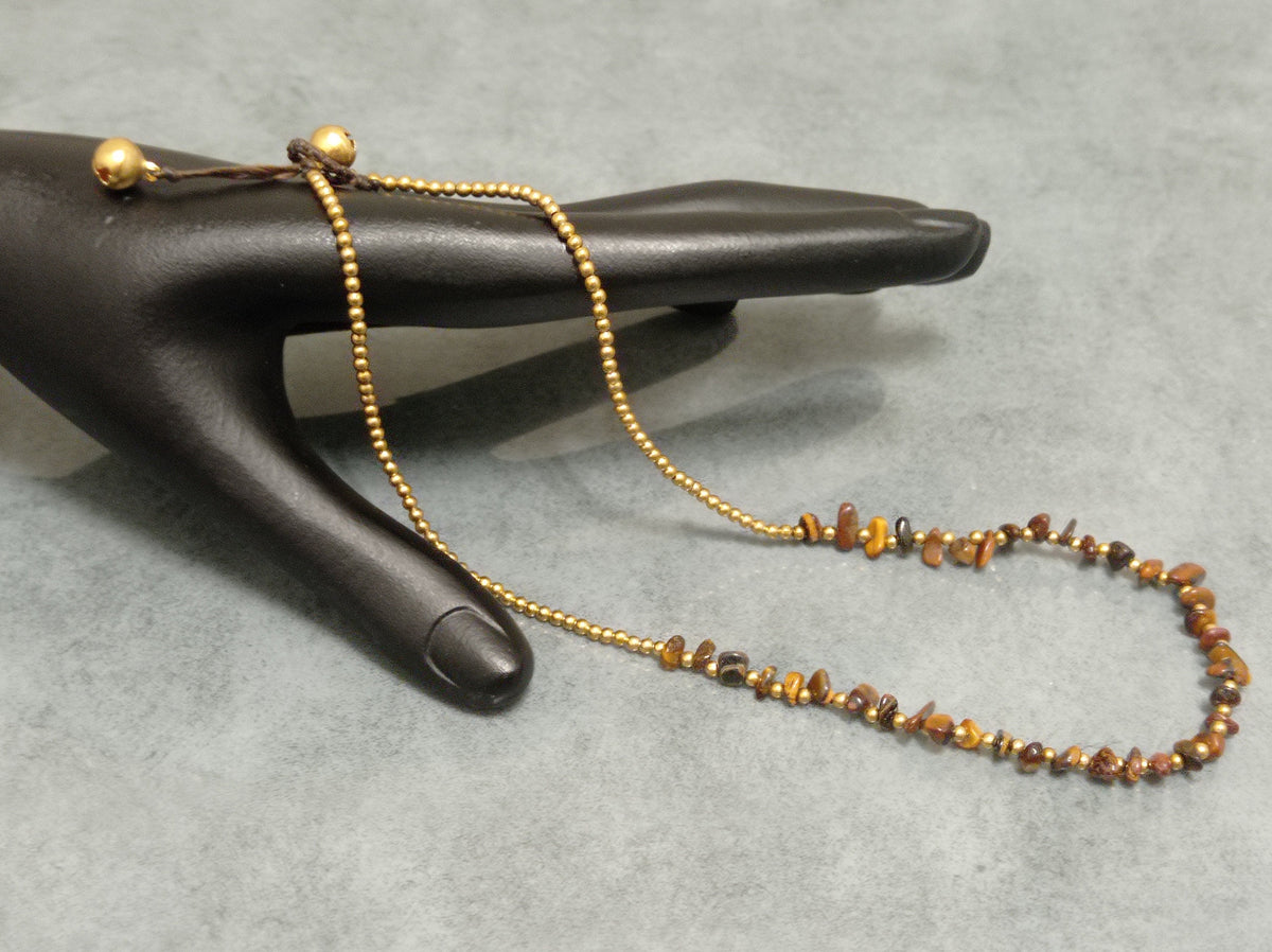 Tiger Eye Chip Necklace, Brass Ball Chain, Adjustable Waxed Cord