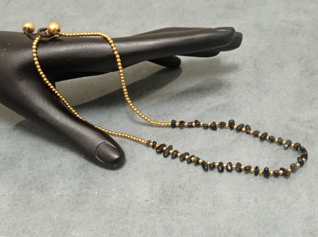Macrame Black Agate Necklace, Brass Gold Beads, Adjustable Waxed Cord