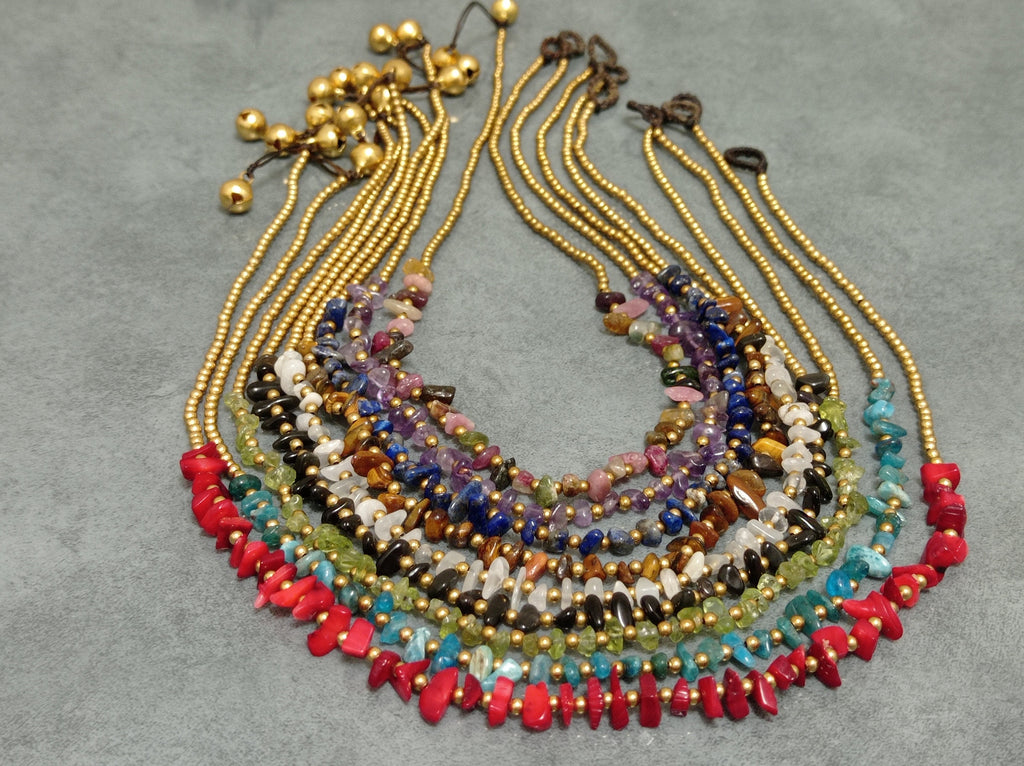 Macrame Gemstone Necklace, Brass Bead, Adjustable Waxed Cord