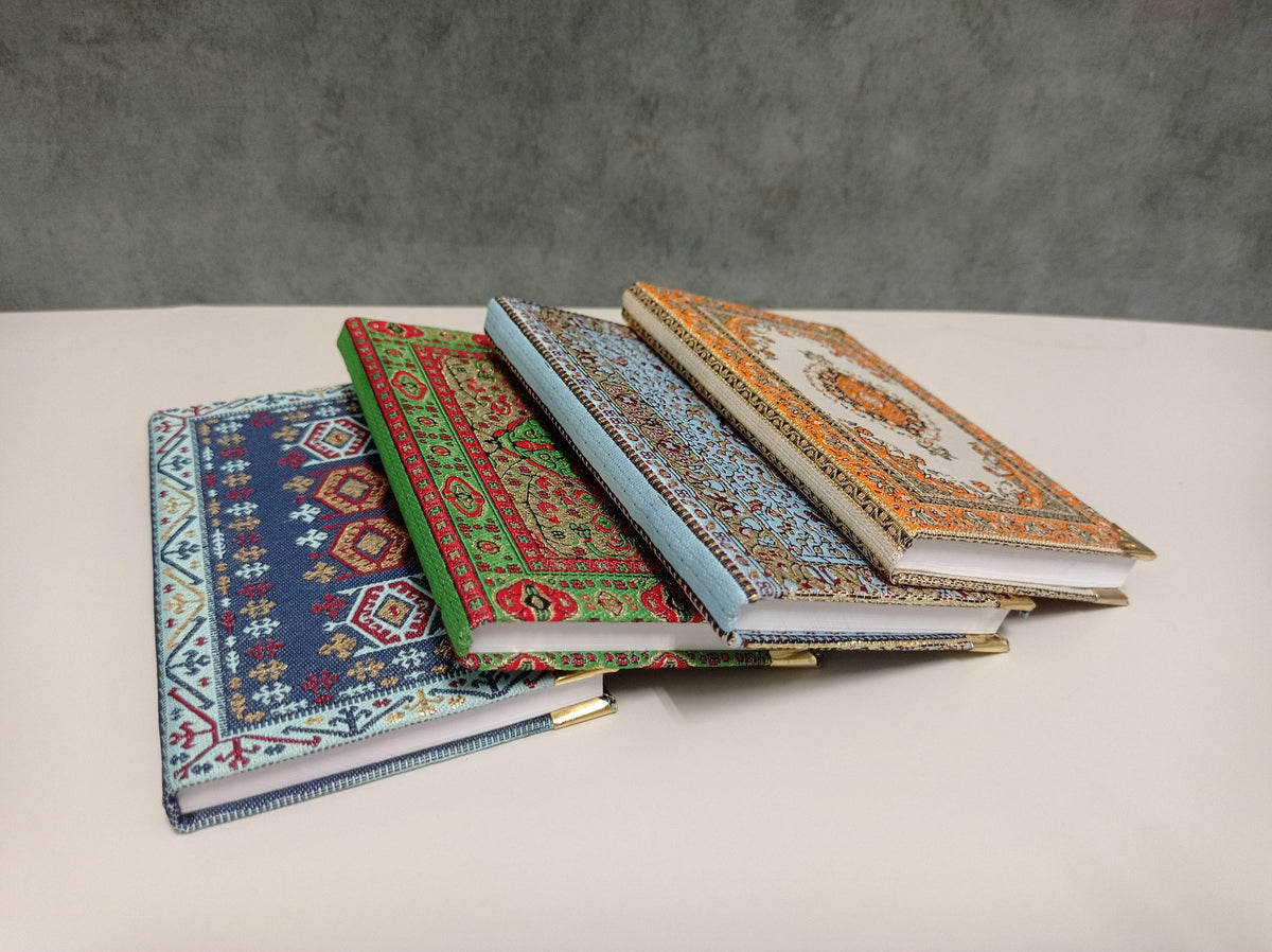 Handmade Multicolor Turkish Kilim Inspired Notebook with Brass Corners and Raffia Bag