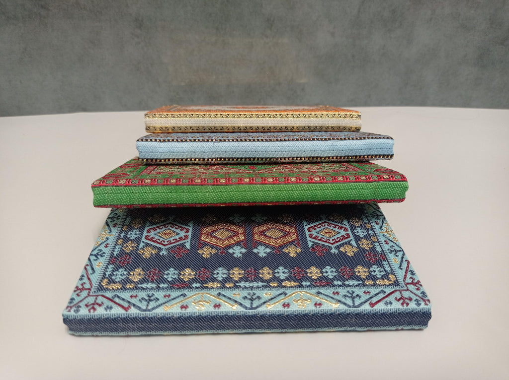 Handmade Multicolor Turkish Kilim Inspired Notebook with Brass Corners and Raffia Bag