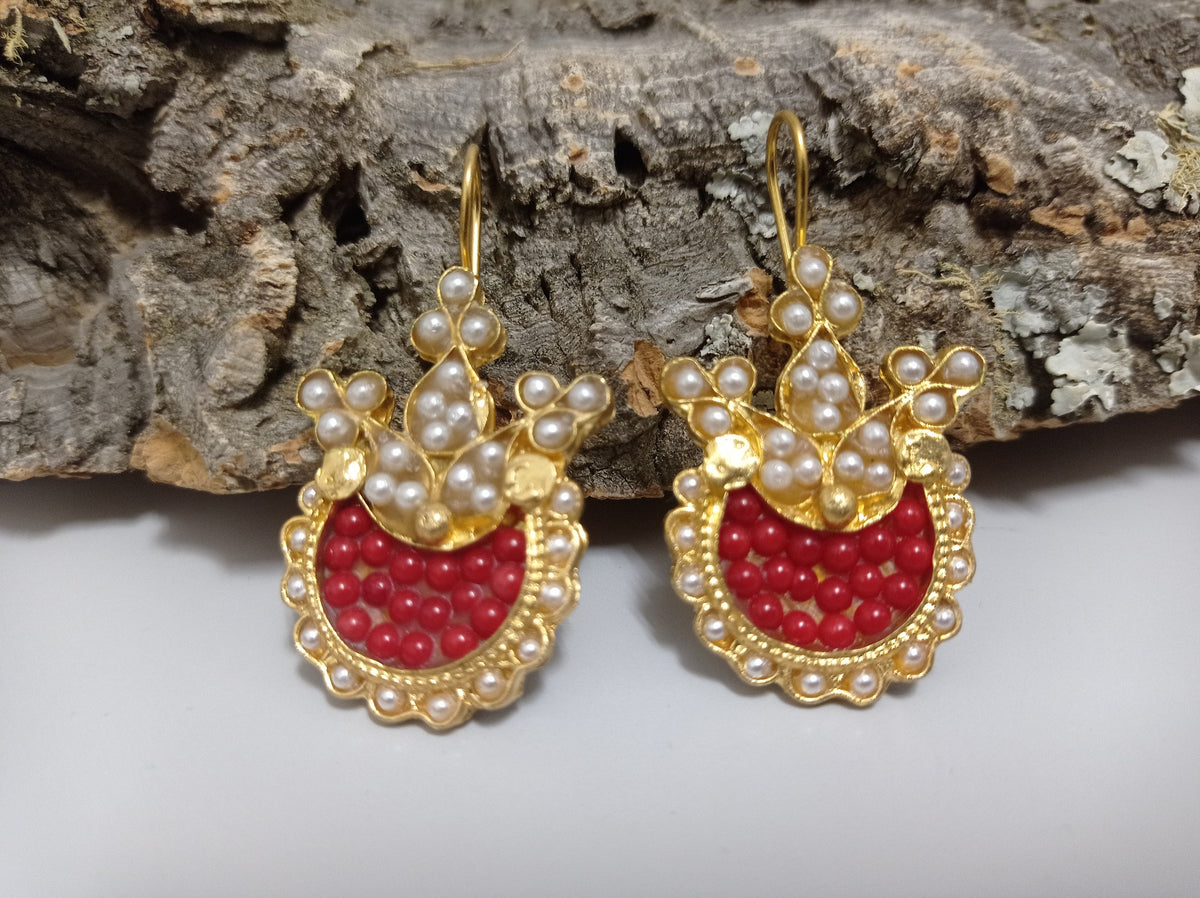 Turkish Chandelier Earrings with Red Coral Pearl Drops – Gold Plated Bridesmaid Jewelry