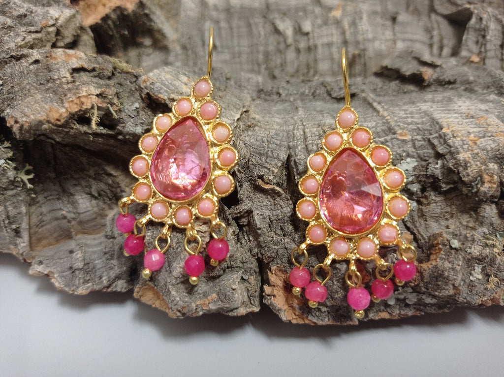 Gold Plated Pink Topaz Teardrop Earrings: Coral Agate Dangle Boho Chic Ottoman Style