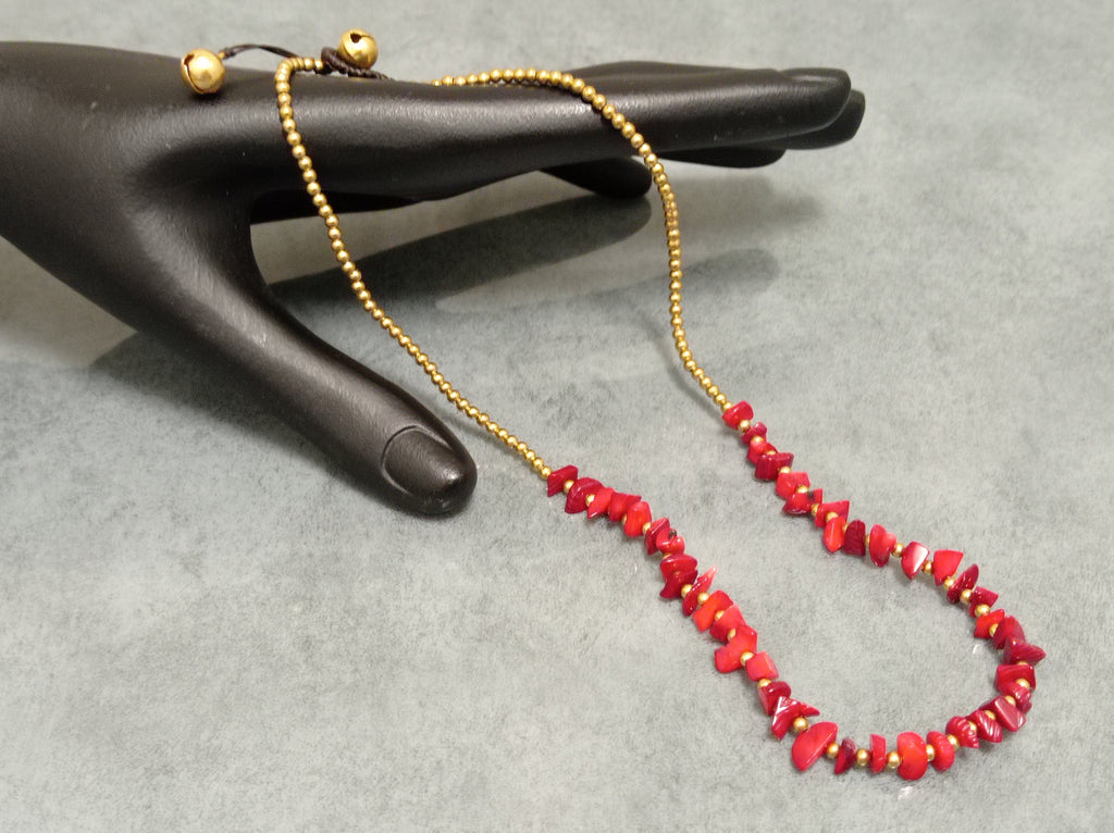 Macrame Coral Chip Necklace, Brass Beads, Adjustable Waxed Cord