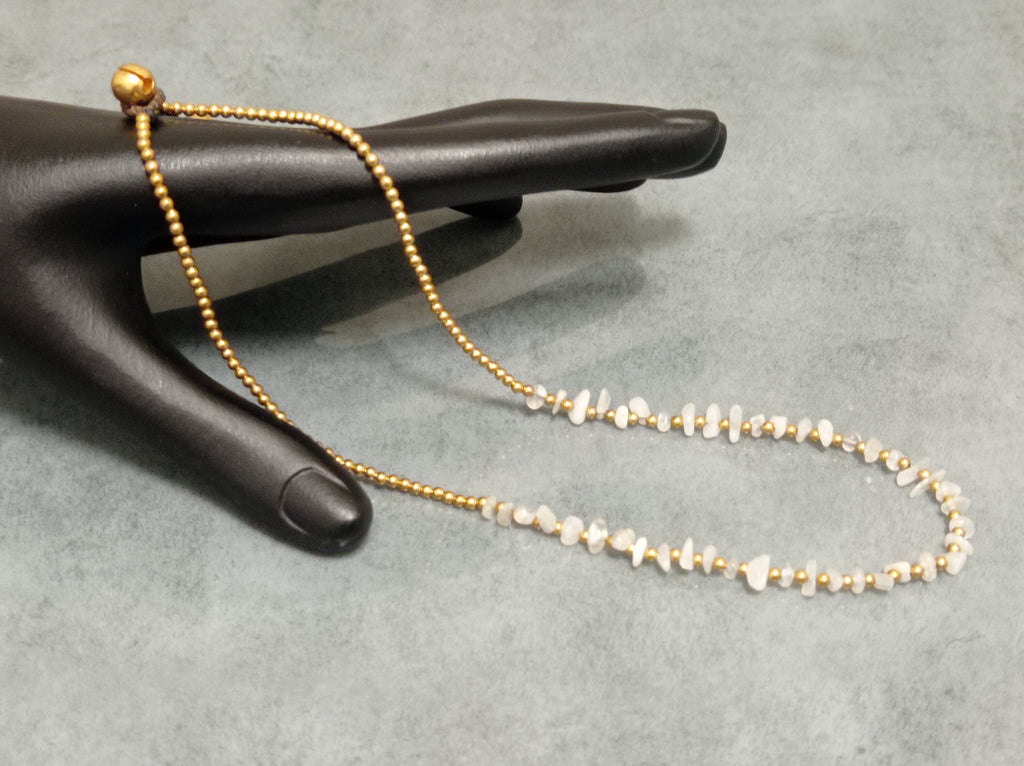 White Quartz Chip Necklace, Brass Bead Chain, Adjustable Waxed Cord