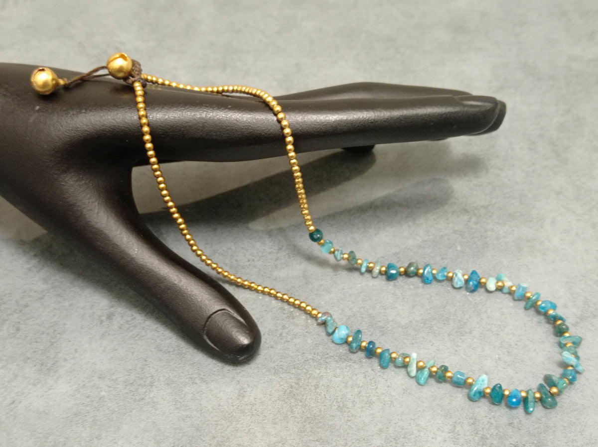 Handmade Chrysocolla Brass Beaded Necklace – Minimalist Adjustable Cord Jewelry