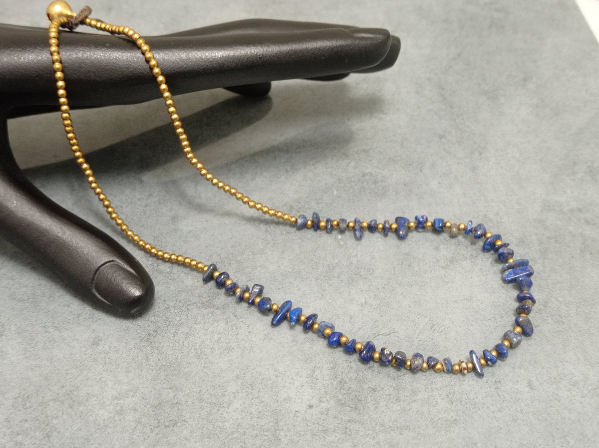 Brass Beaded Macrame Necklace with Sodalite Chips, Adjustable Gemstone Jewelry