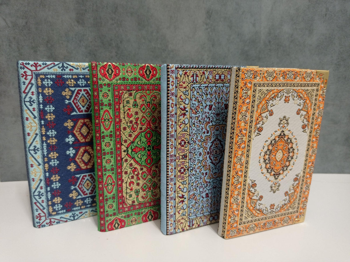 Handmade Multicolor Turkish Kilim Inspired Notebook with Brass Corners and Raffia Bag