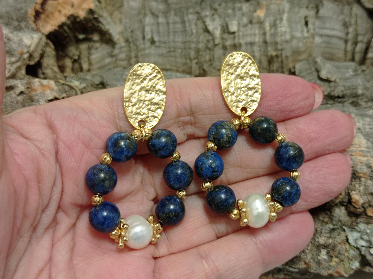 Gold Plated Lapis Pearl Hoop Earrings – Hypoallergenic Dangle Gemstone Jewelry
