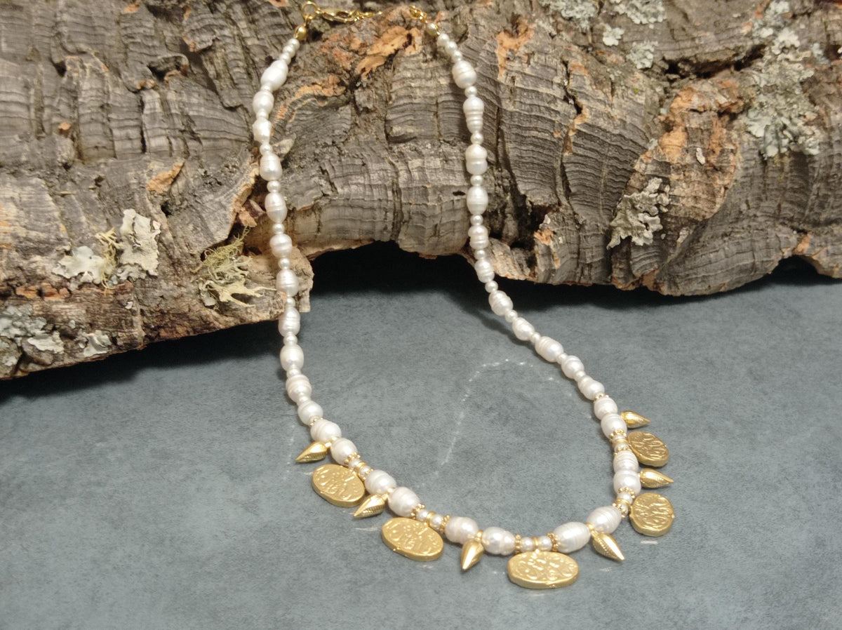 Gold Plated Pearl Turkish Bridal Necklace with Brass Beads – Wedding Jewelry