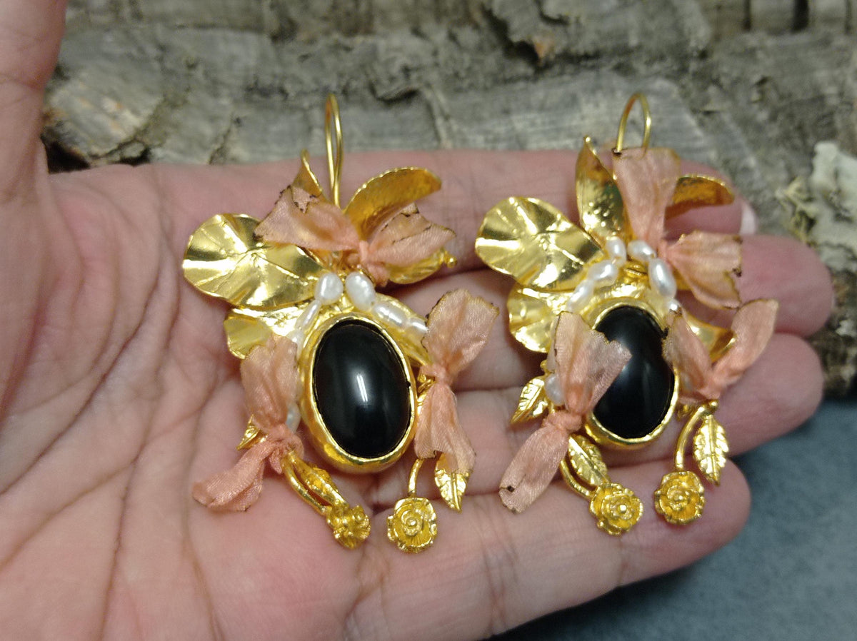 Gold Plated Black Agate Pearl Earrings with Salmon Silk Dangle and Floral Design