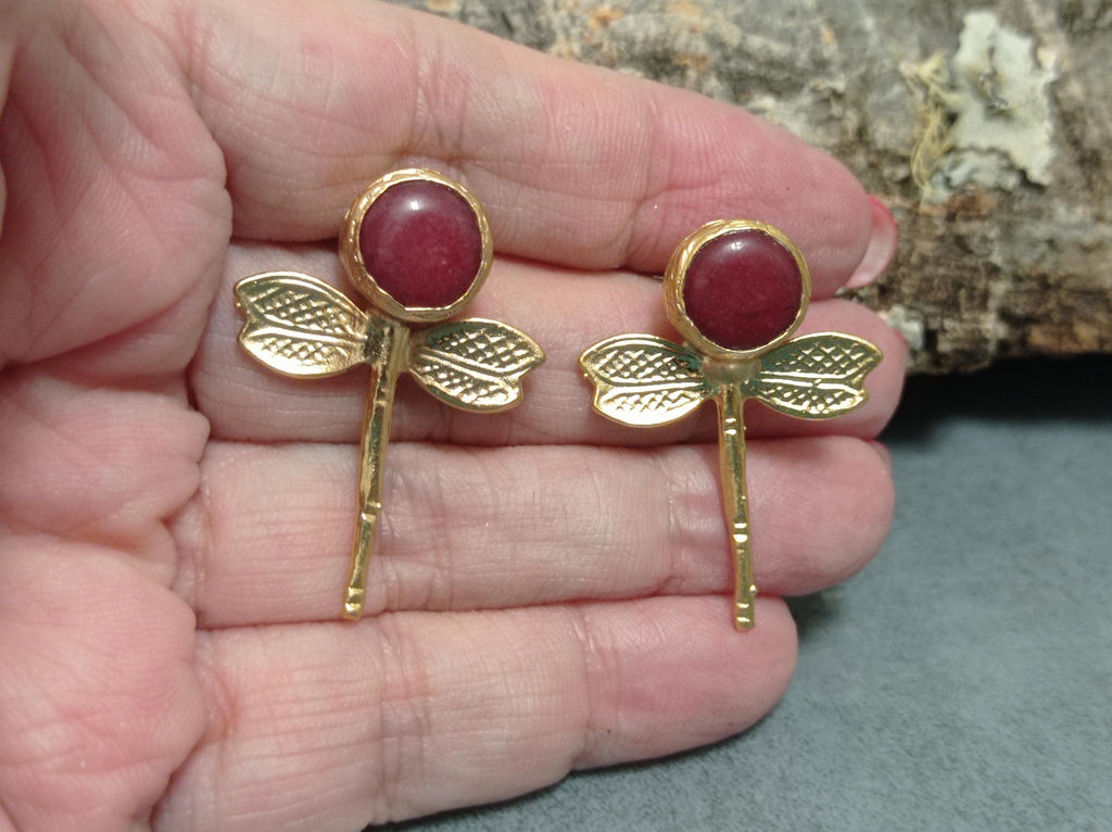 Gold Plated Ruby Jade Dragonfly Earrings - Turkish Gemstone Jewelry - Ottoman Style Antique Reproduction