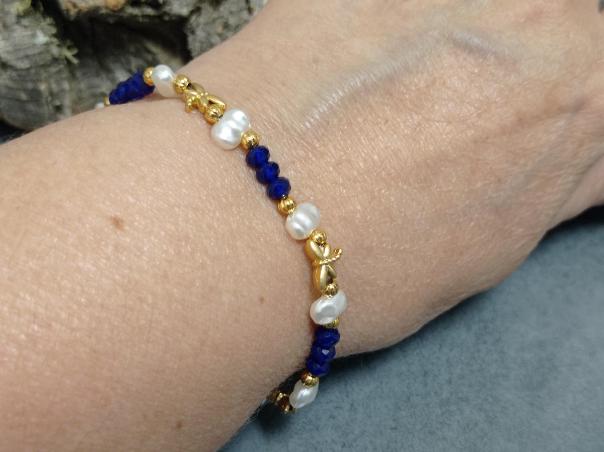 Gold Plated Dragonfly Bracelet, Blue Crystal, Pearl Cuff, Turkish Jewelry