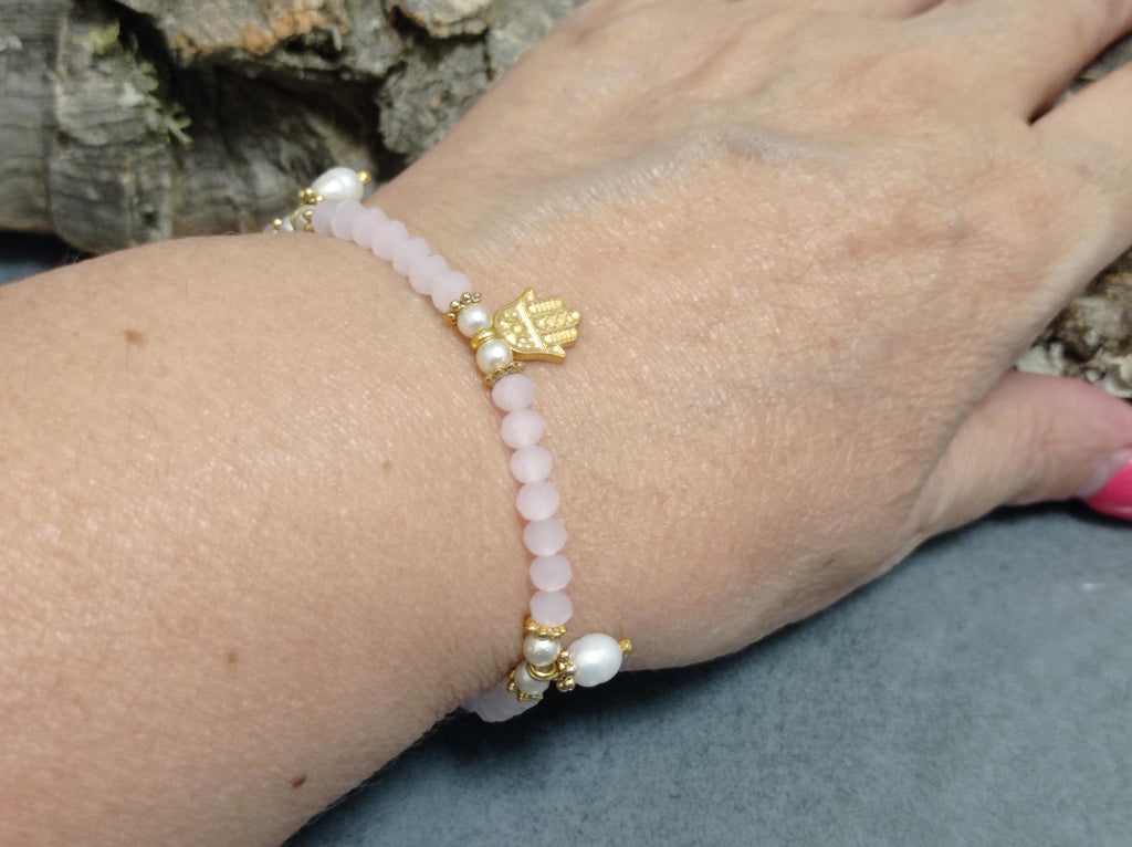 Elegant Gold Plated Hand of Fatima Rose Crystal Pearl Cuff Bracelet