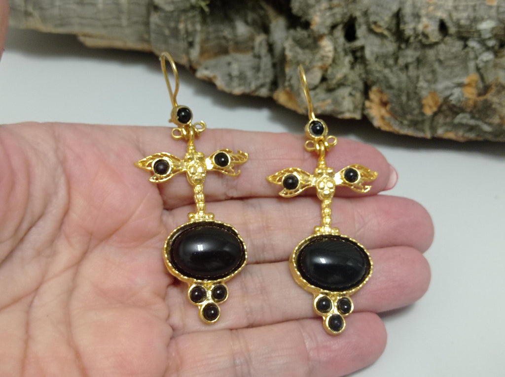 Ottoman Black Agate Dragonfly Earrings, Gold Plated Dangle