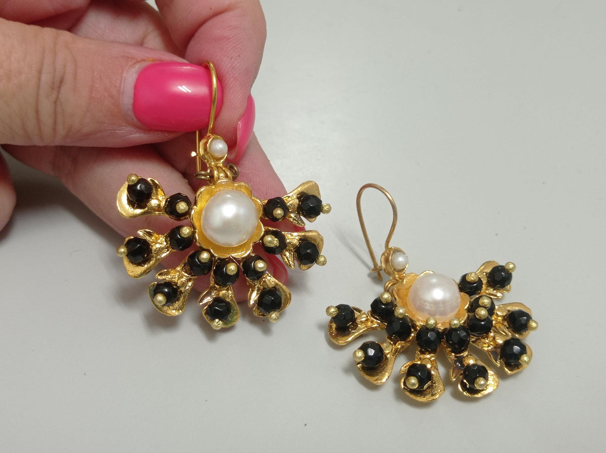 Ottoman Style Chandelier Earrings – Black Agate, Pearl, Gold Plated Brass