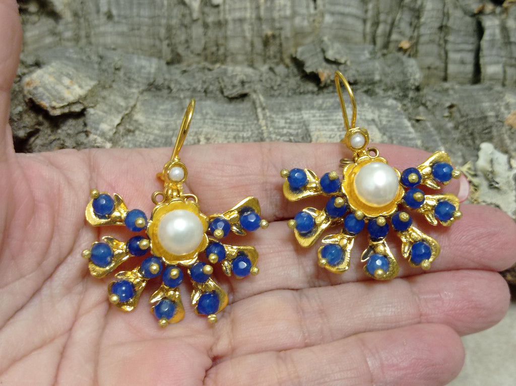 Ottoman Style Blue Agate Chandelier Earrings – Gold Plated Brass Dangle Hypoallergenic