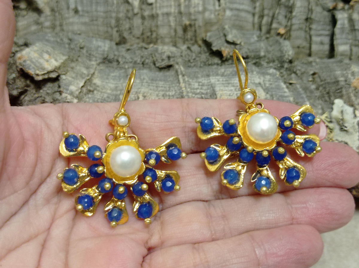 Ottoman Style Blue Agate Chandelier Earrings – Gold Plated Brass Dangle Hypoallergenic