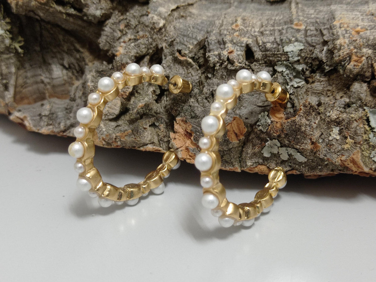 Gold Plated Pearl Hoop Earrings with Hypoallergenic Brass - Turkish Artisan Jewelry for Bridesmaids