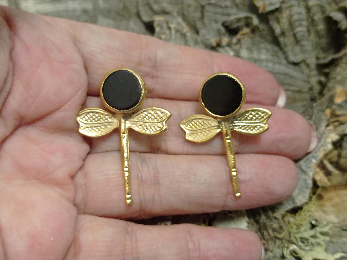 Gold Plated Dragonfly Earrings with Black Agate, Ottoman Style Brass Dangle (2.5cm Width)