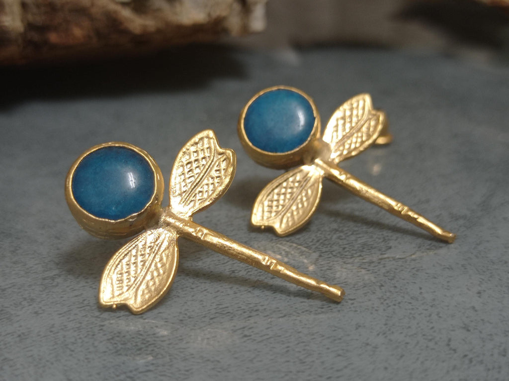 Gold Plated Blue Jade Dragonfly Earrings – Ottoman Style Dangle Jewelry