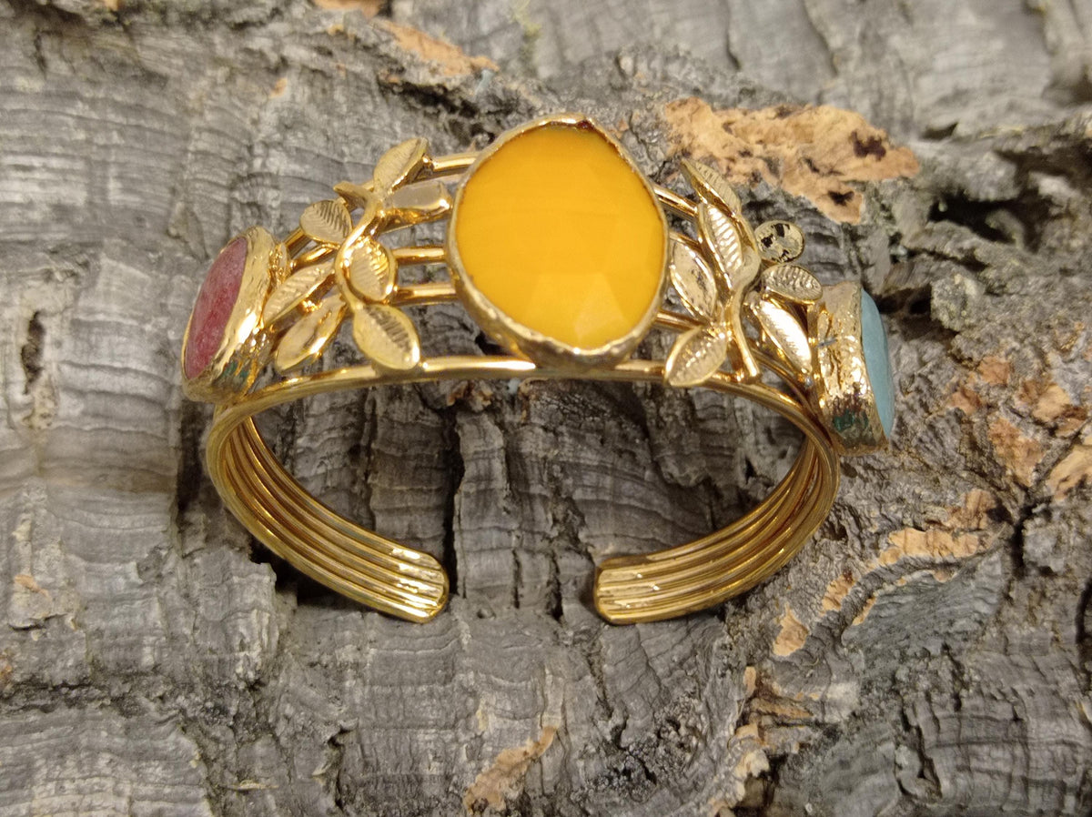 Gold Plated Brass Bangle with Yellow Jade & Agate Leaves Cuff – Adjustable Bracelet