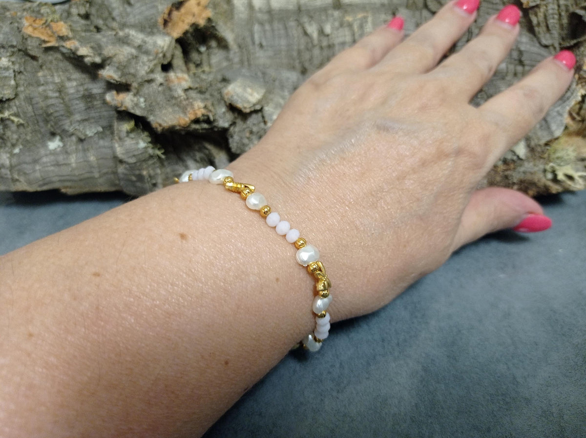Gold Plated Dragonfly Pearl Bracelet – White, Pink, Blue Crystal Beads – Adjustable Cuff Jewelry