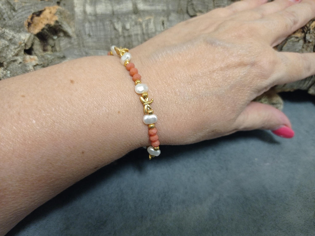 Gold Plated Dragonfly Bracelet: Orange Crystal, Pearl, Adjustable Turkish Jewelry
