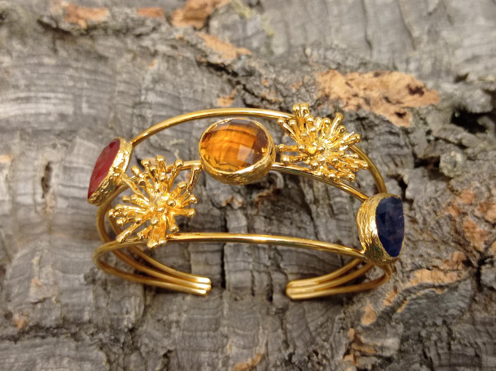 Gold Plated Brass Cuff Bracelet, Smoky Topaz, Blue Orange Eye Gemstones, Turkish Style Bangle