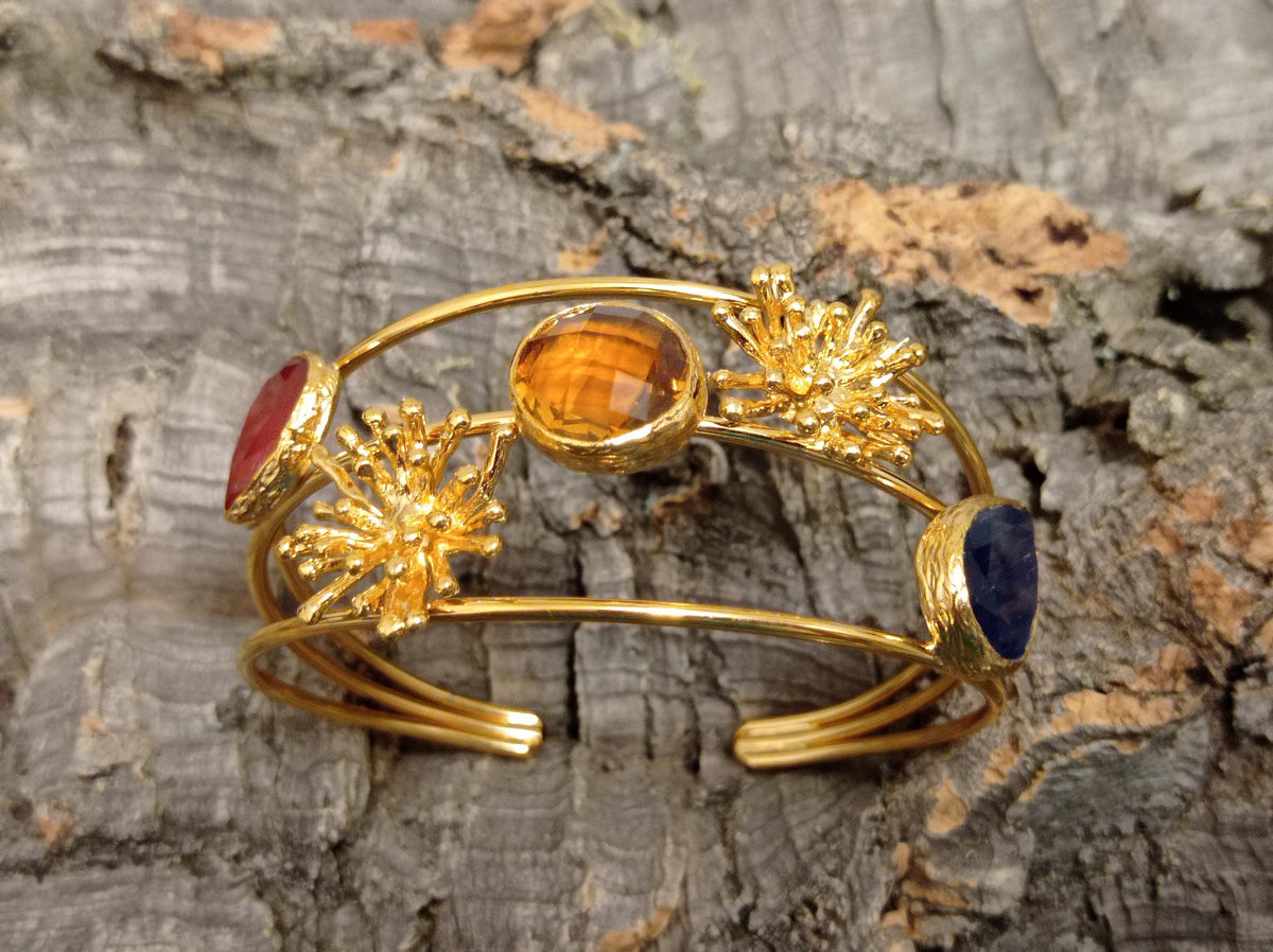 Gold Plated Brass Cuff Bracelet, Smoky Topaz, Blue Orange Eye Gemstones, Turkish Style Bangle