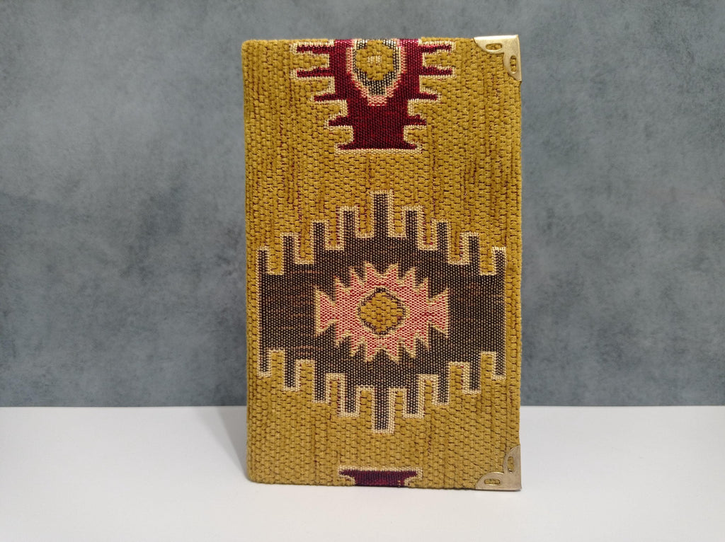 Ikat Turkish Rug Chenille Fabric Notebook, Brass Corners