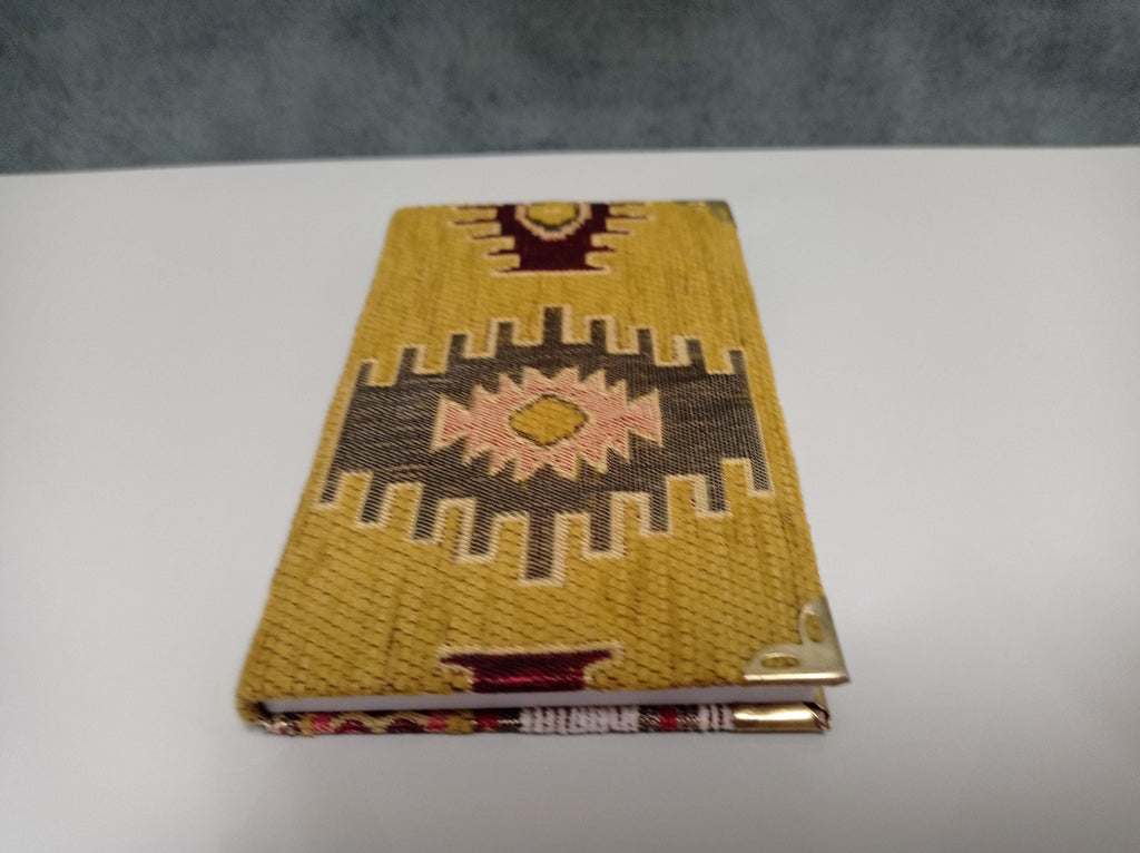 Ikat Turkish Rug Chenille Fabric Notebook, Brass Corners