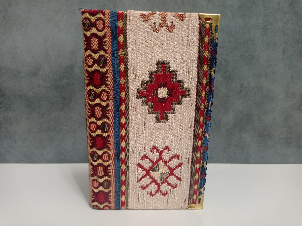 Turkish Chenille Notebook – Aztec Kilim Design, Brass Corners, Lined Journal