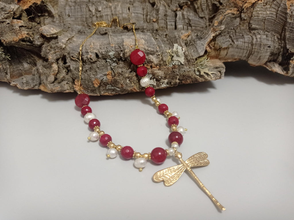 Elegant Dragonfly Necklace with Pearl, Ruby Jade & Garnet Quartzite - Turkish Jewelry