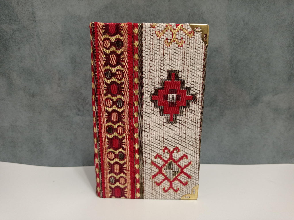 Turkish Ikat Notebook: Red Aztec Design, Brass Corners, Lined Velvet Fabric (9x14cm)