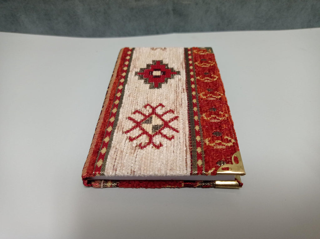 Handmade Woven Turkish Rug Design Chenille Fabric Journal with Brass Corners and Lined Pages