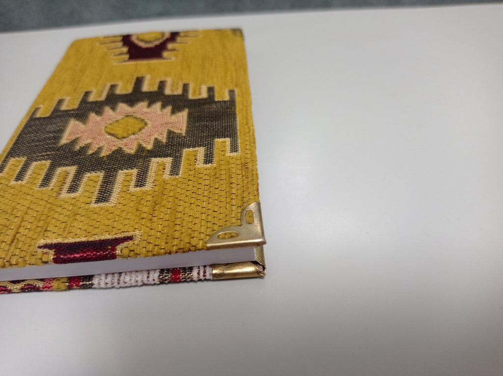 Ikat Turkish Rug Chenille Fabric Notebook, Brass Corners