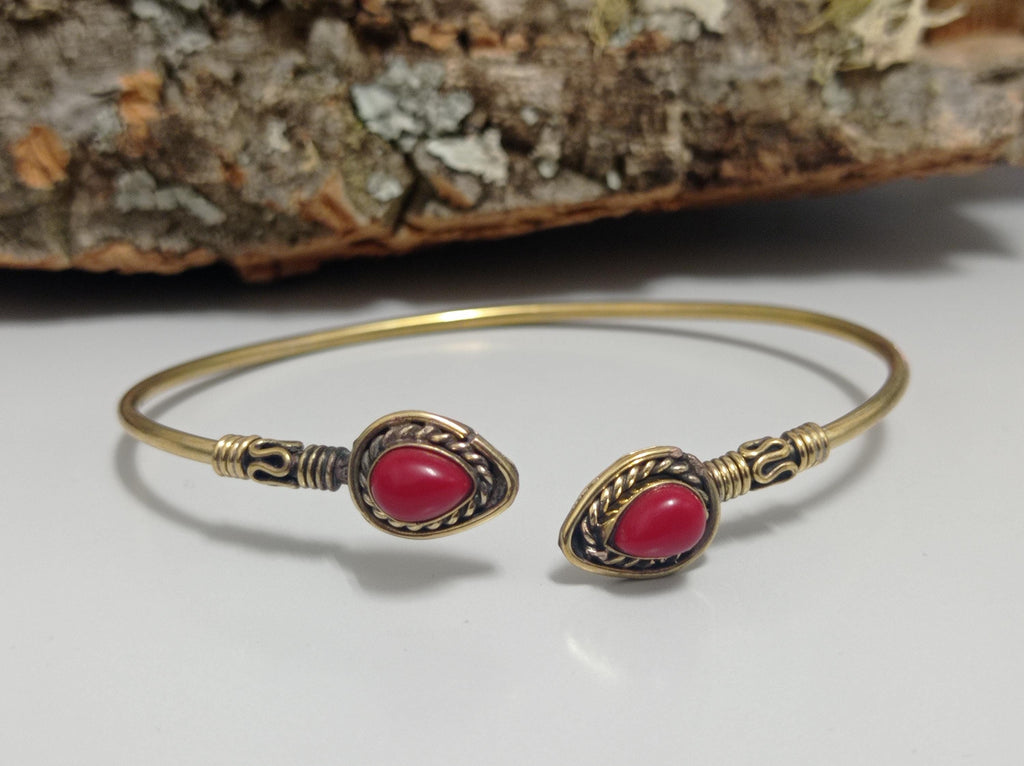 Handmade Brass Cuff Bracelet, Red Teardrop Stone, Banjala Style