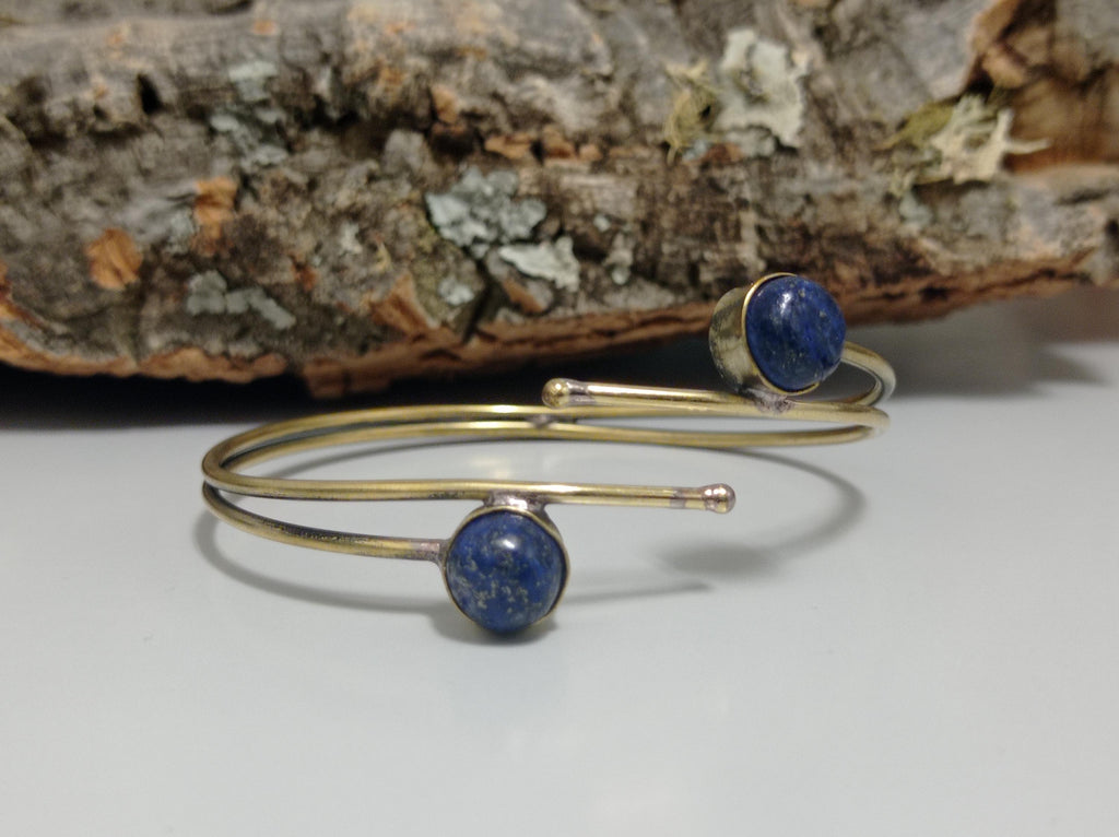 Handcrafted Tribal Brass Cuff Bracelet with Double Lapis Stone – Adjustable Boho Indian Style