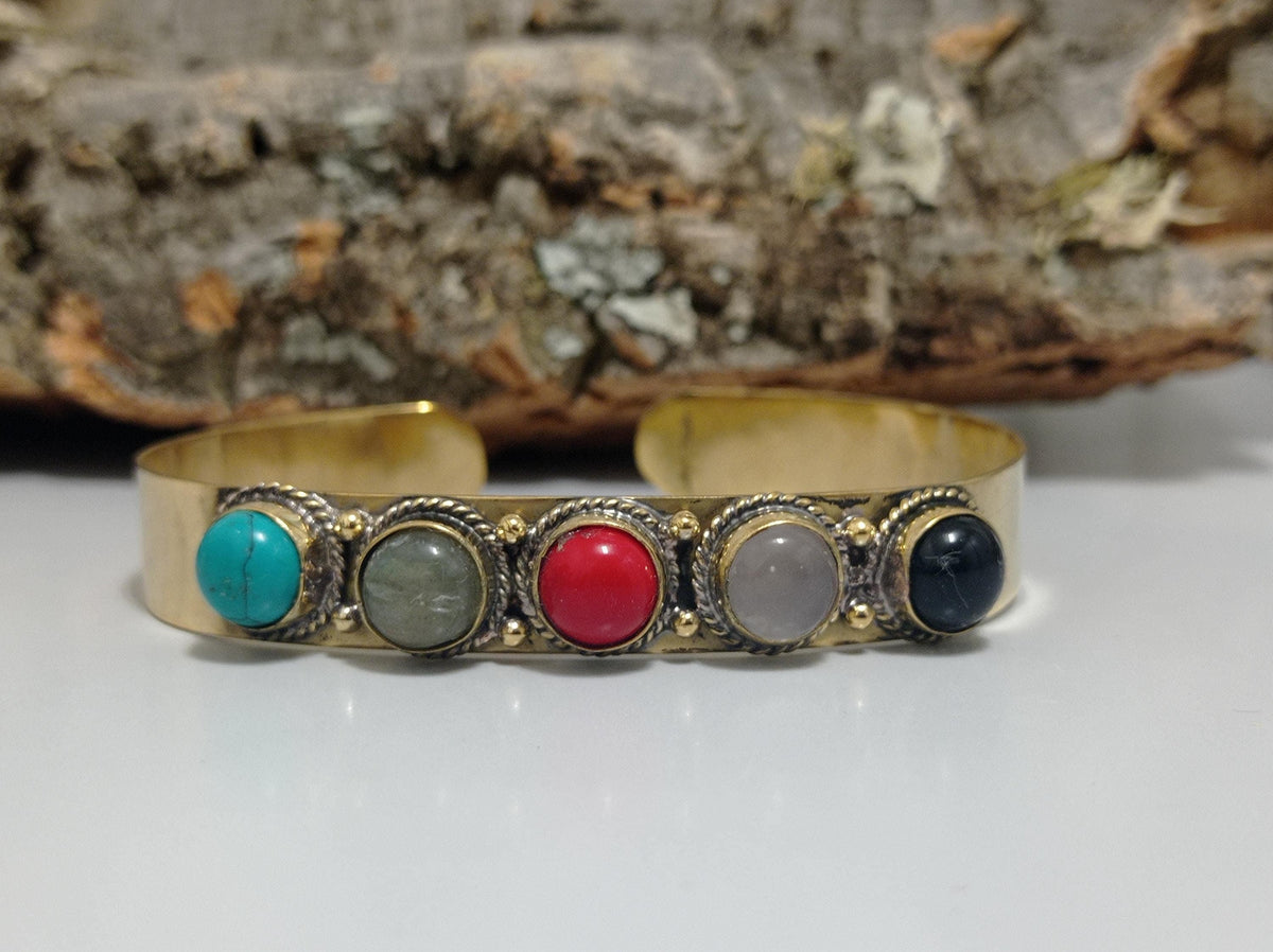 Handmade Brass Cuff Bracelet with Gemstones - Adjustable Boho Style Tribal Bracelet
