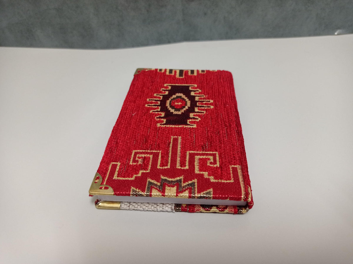 Turkish Ikat Notebook: Red Aztec Design, Brass Corners, Lined Velvet Fabric (9x14cm)