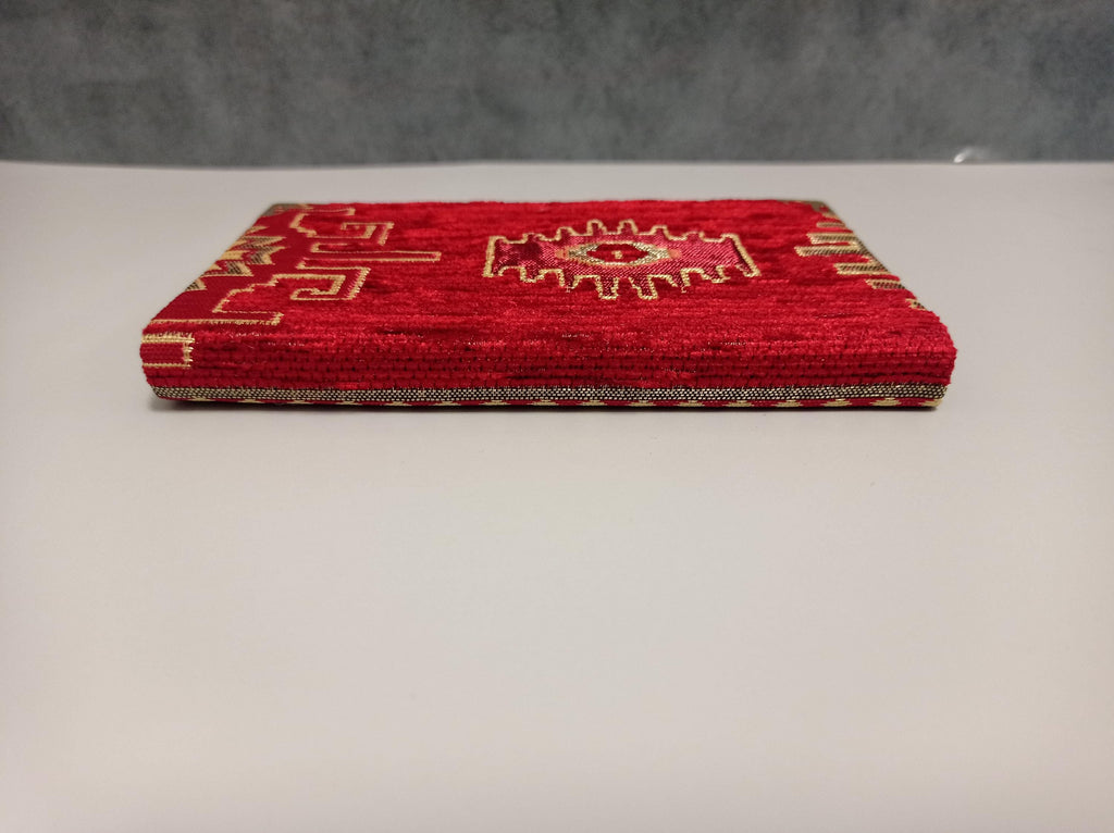 Turkish Ikat Notebook: Red Aztec Design, Brass Corners, Lined Velvet Fabric (9x14cm)