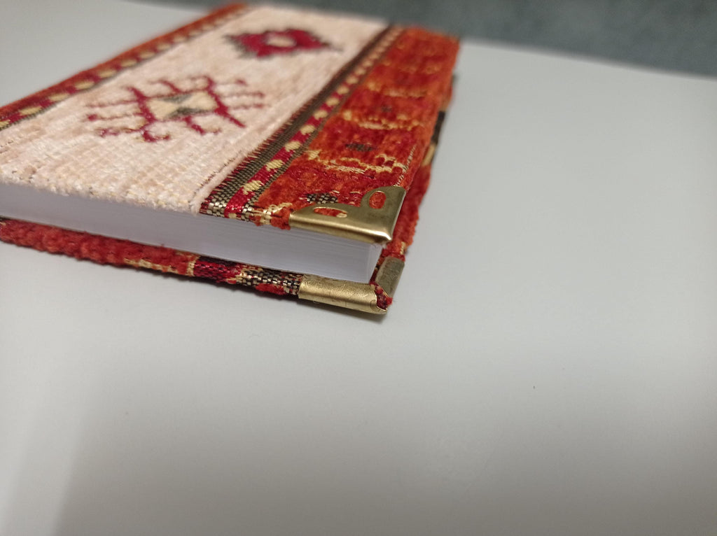 Handmade Woven Turkish Rug Design Chenille Fabric Journal with Brass Corners and Lined Pages