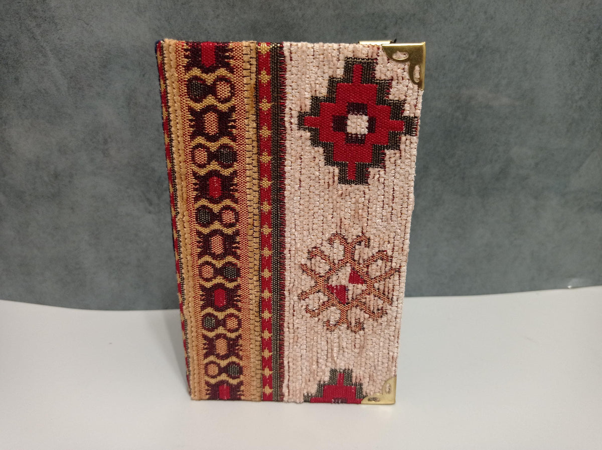 Handmade Turkish Rug Fabric Journal, Woven Kilim Pattern, Lined Notepad