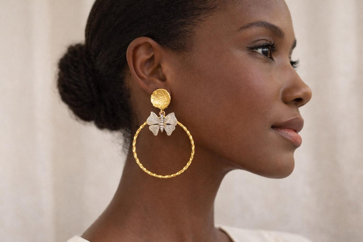 Bohemian Butterfly Hoop Earrings, Mixed Metal Gold Silver, Turkish Jewelry, Lightweight Statement