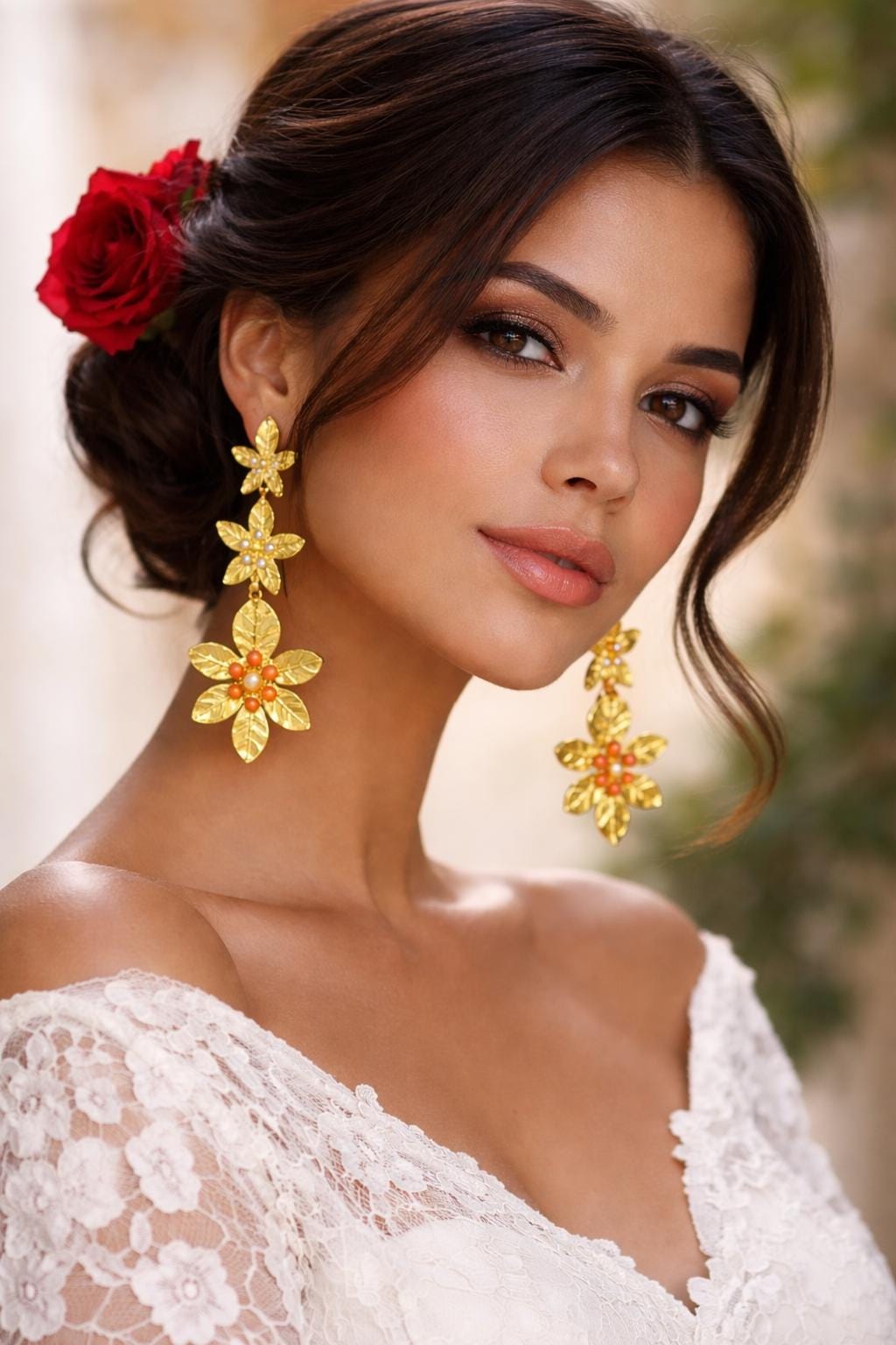 Gold Plated Coral Pearl Flower Earrings, Ottoman Style Bridal Earrings, Flamenco Statement Jewelry